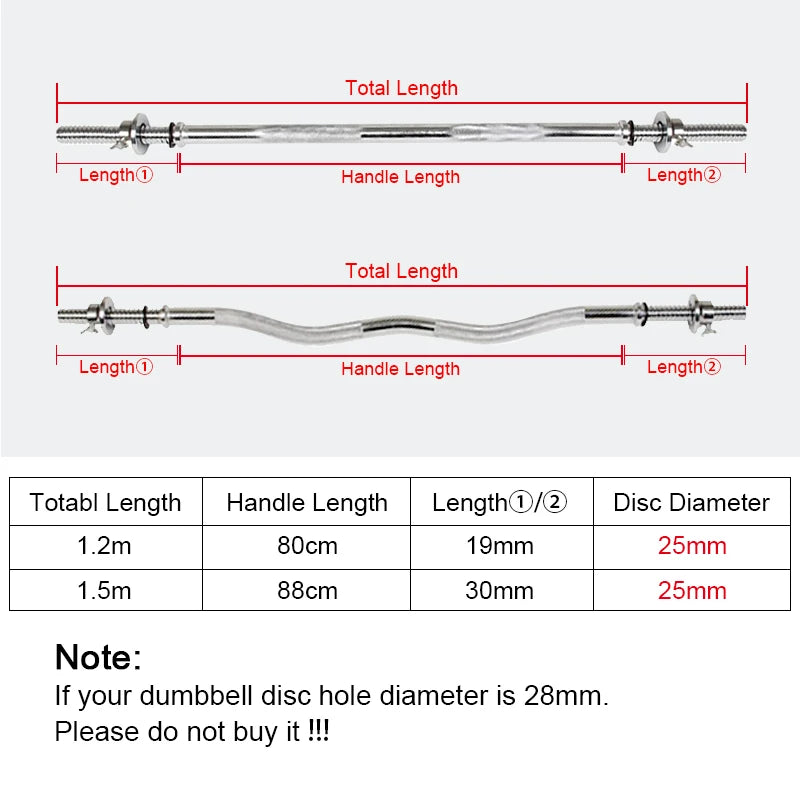 Standard Straight and Curved Dumbbell Bars, Weight Lift, Training Barbell, Gym and Home, Fitness Equipment, 25mm, 1.2m, 1.5m